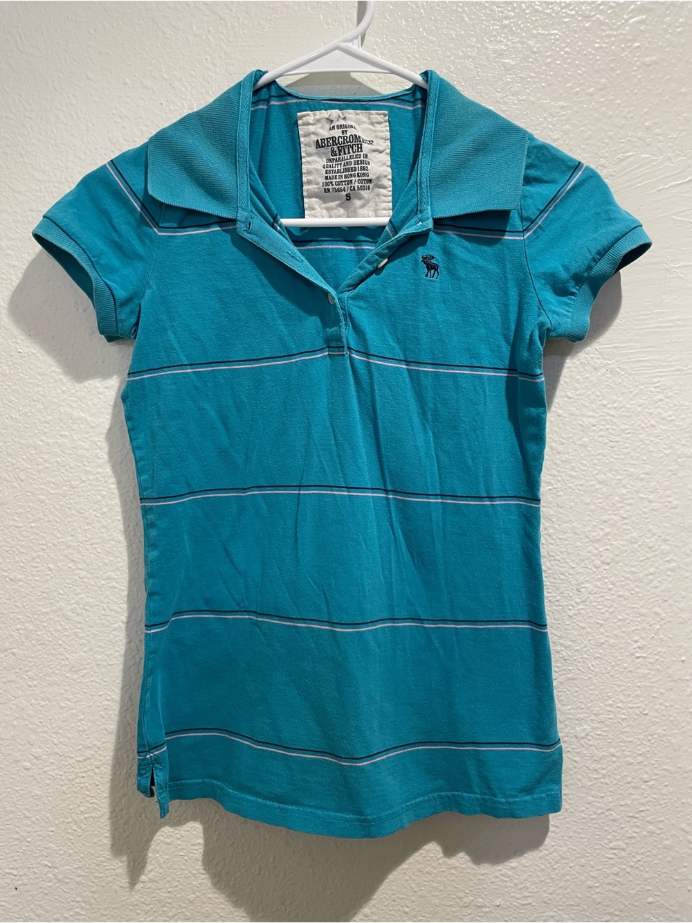 Abercrombie & Fitch Girls Teal Pink Striped Pique Polo Shirt Size Small